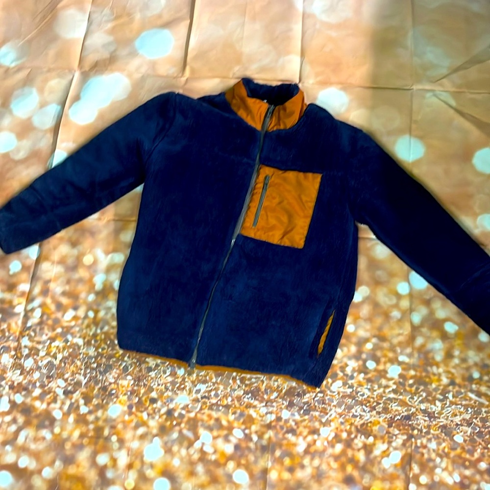 Blue Puffer Jacket with Dark Orange Front Pockets